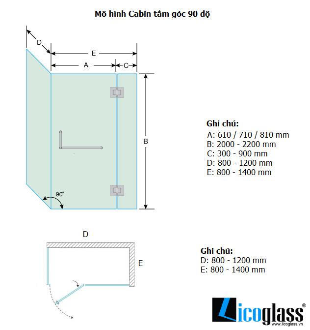 Vách tắm kính cường lực 90 độ Vách tắm kính cường lực 90 độ