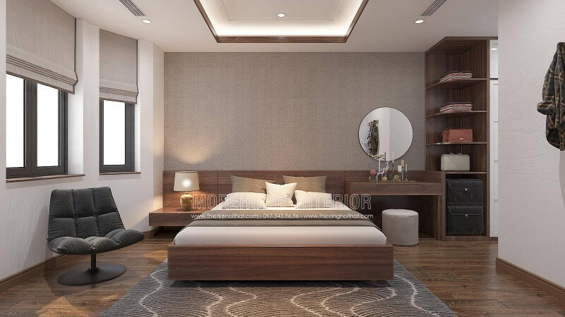 Bạn là người mệnh Thổ, mệnh Kim, Morehome xin giới thiệu quý vị và các bạn một trong những ý tưởng đó là mẫu thiết kế nội thất phòng ngủ màu nâu chủ đạo tại biệt thự Vinhomes Imperi a Hải Phòng, ngoài ra còn rất nhiều mẫu bố trí phòng ngủ đẹp tại website:thietkenoithat.com Thiết kế nội thất biệt thự