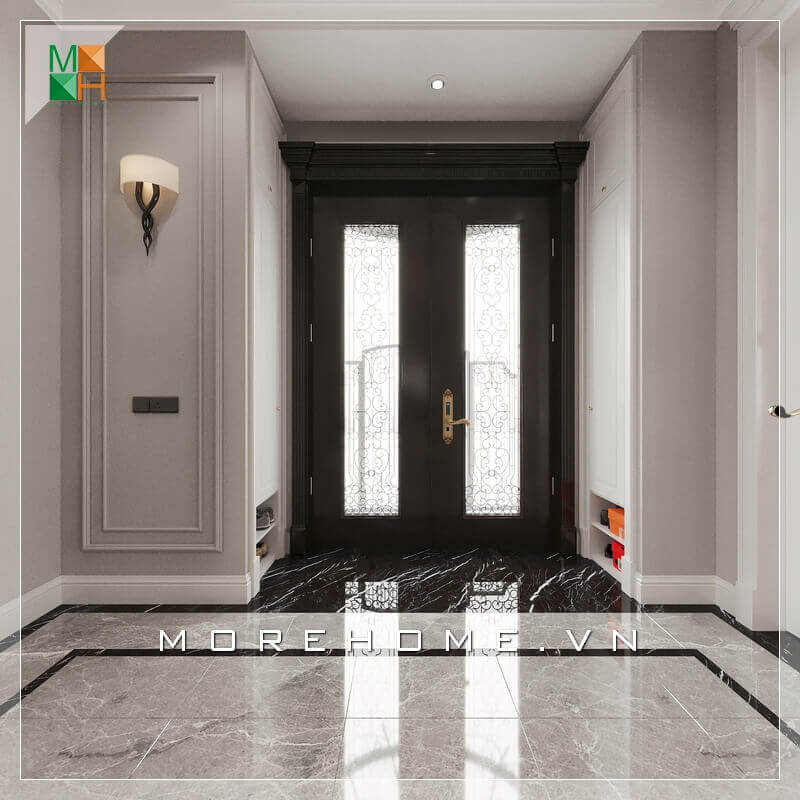 Mẫu thiết kế cửa gỗ tự nhiên màu đen hai cánh đẹp và sang trọng cho chung cư, nhà phố, biệt thự. Thiết kế nội thất biệt thự