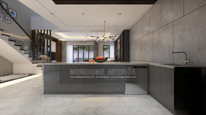 Với ý tưởng trong mẫu thiết kế nội thất biệt thự Parkcity trong đây, bạn có thể bố trí ngay không gian đảo tách biệt phòng bếp để có thể phục vụ nhanh nhu cầu của mình mà vẫn đảm bảo nhu cầu tức thời từ bộ tủ đựng đồ được bố trí máy rửa bát, bồn rửa tiện lợi.