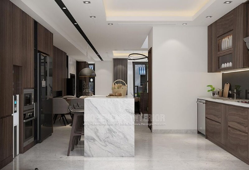 Tủ bếp gỗ laminate sậm màu kết hợp bàn đảo ốp đá tạo nên vẻ đẹp sang trọng cuốn hút cho phòng bếp.