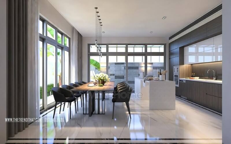 Trang trí nội thất phòng ăn liền bếp hiện đại, đẹp cho biệt thự, nhà phố.